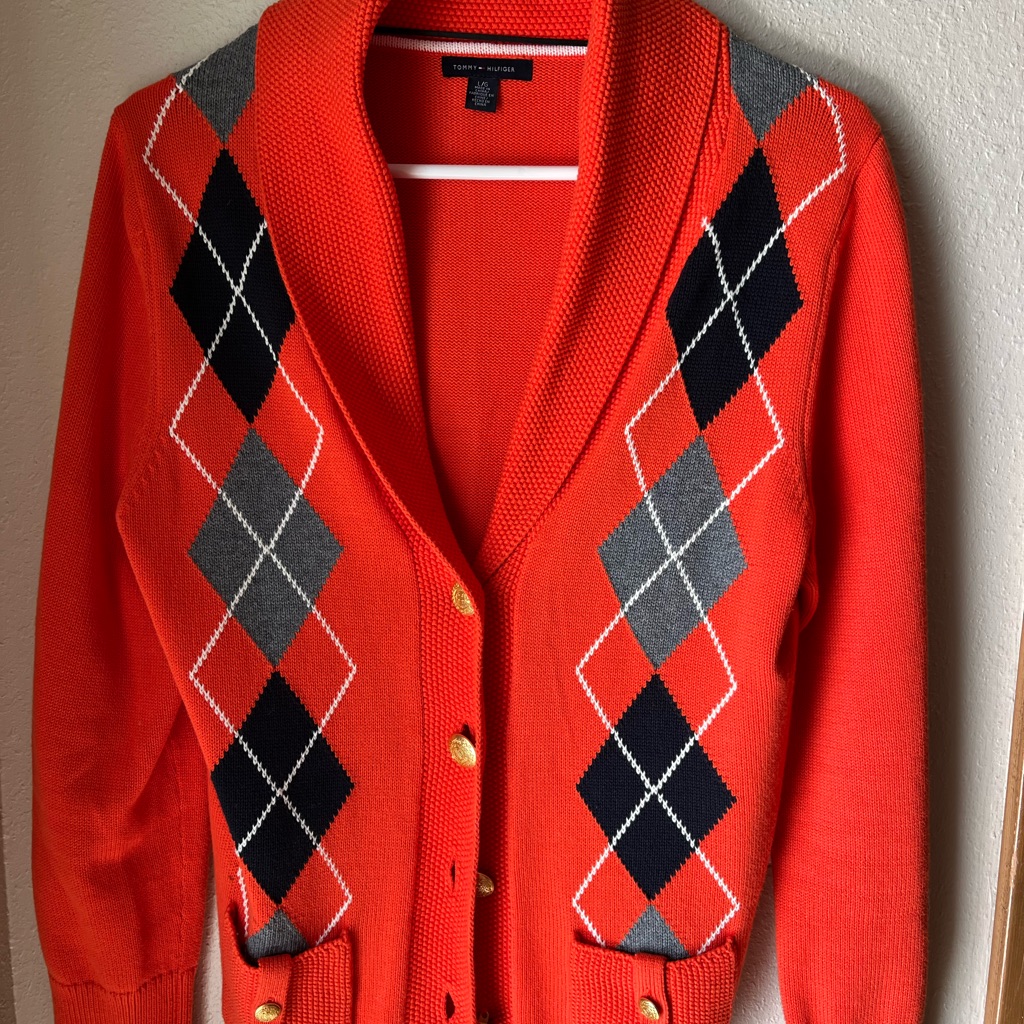 Orange Tommy Hilfinger Button Down Sweater With Gray, White And Blue.